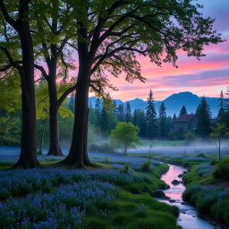 A serene and enchanting forest landscape at twilight, featuring tall, ancient trees with lush green leaves, a mist rising from the ground, and soft, diffused light filtering through the branches