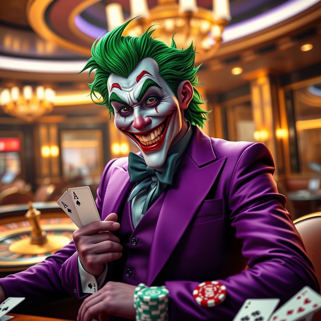 A hyper-realistic joker character wearing an elegant purple suit, exuding a playful and mischievous vibe as he engages in a live casino setting