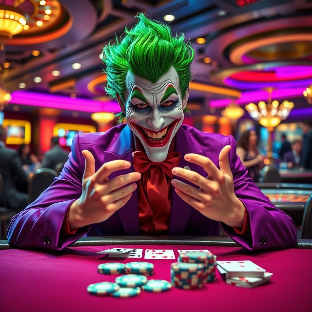 A hyper-realistic joker character wearing an elegant purple suit, sitting at a live casino table with a playful and happy smile