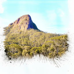 Create a watercolor painting with pen outlines featuring Mount Lindesay, Queensland, Australia in the same style.