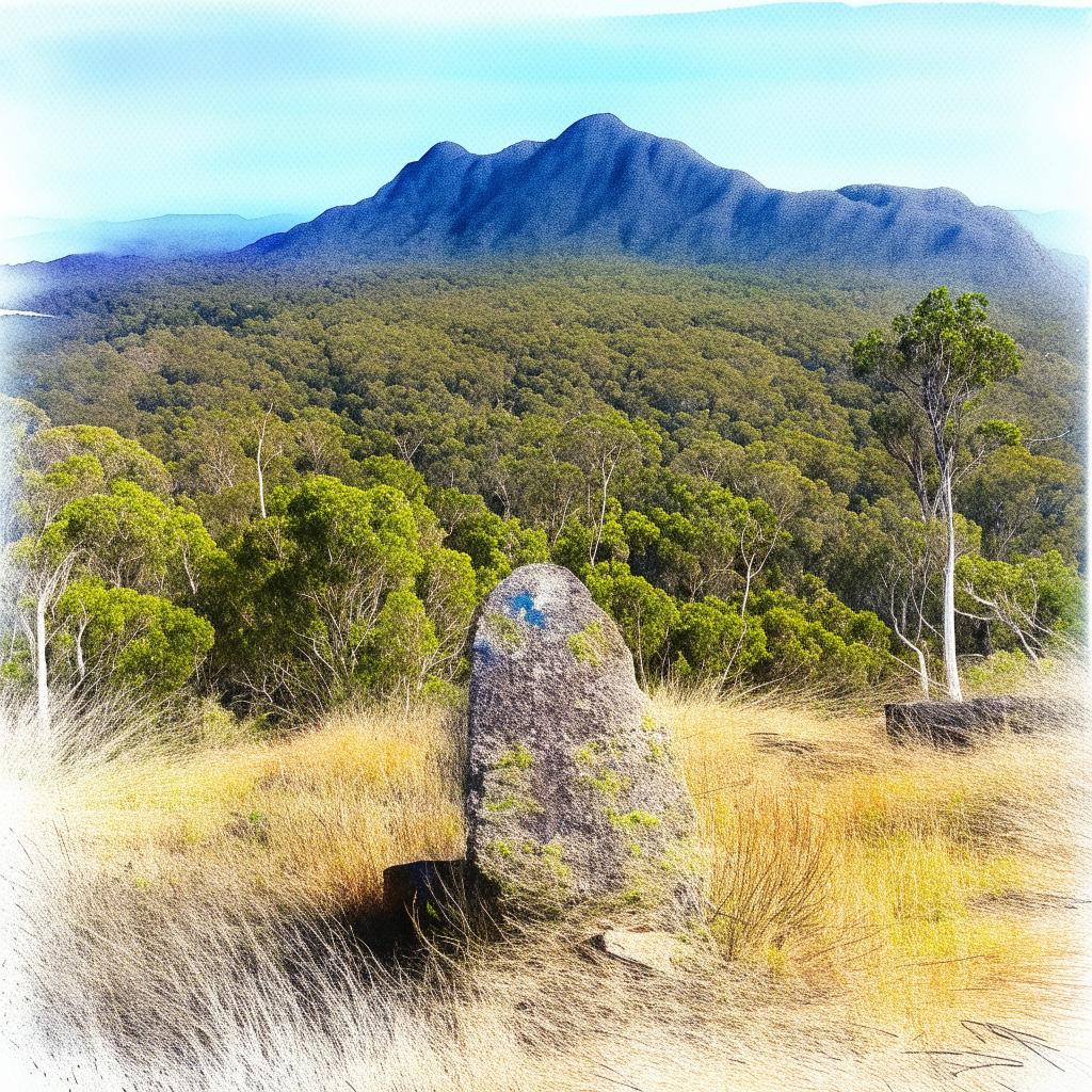 Create a watercolor painting with pen outlines featuring Mount Lindesay, Queensland, Australia in the same style.