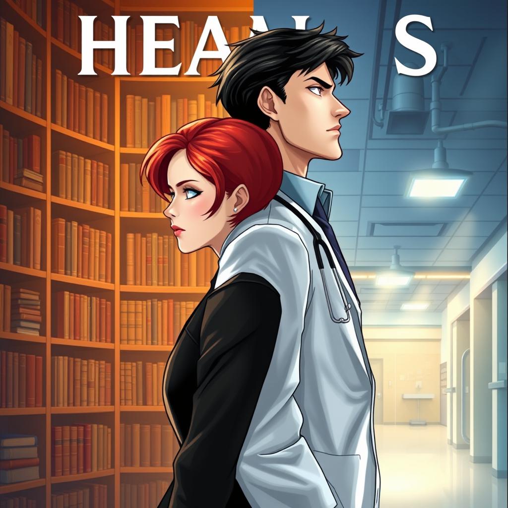 A book cover illustration featuring a white woman with red hair in a black suit, turned slightly to the side