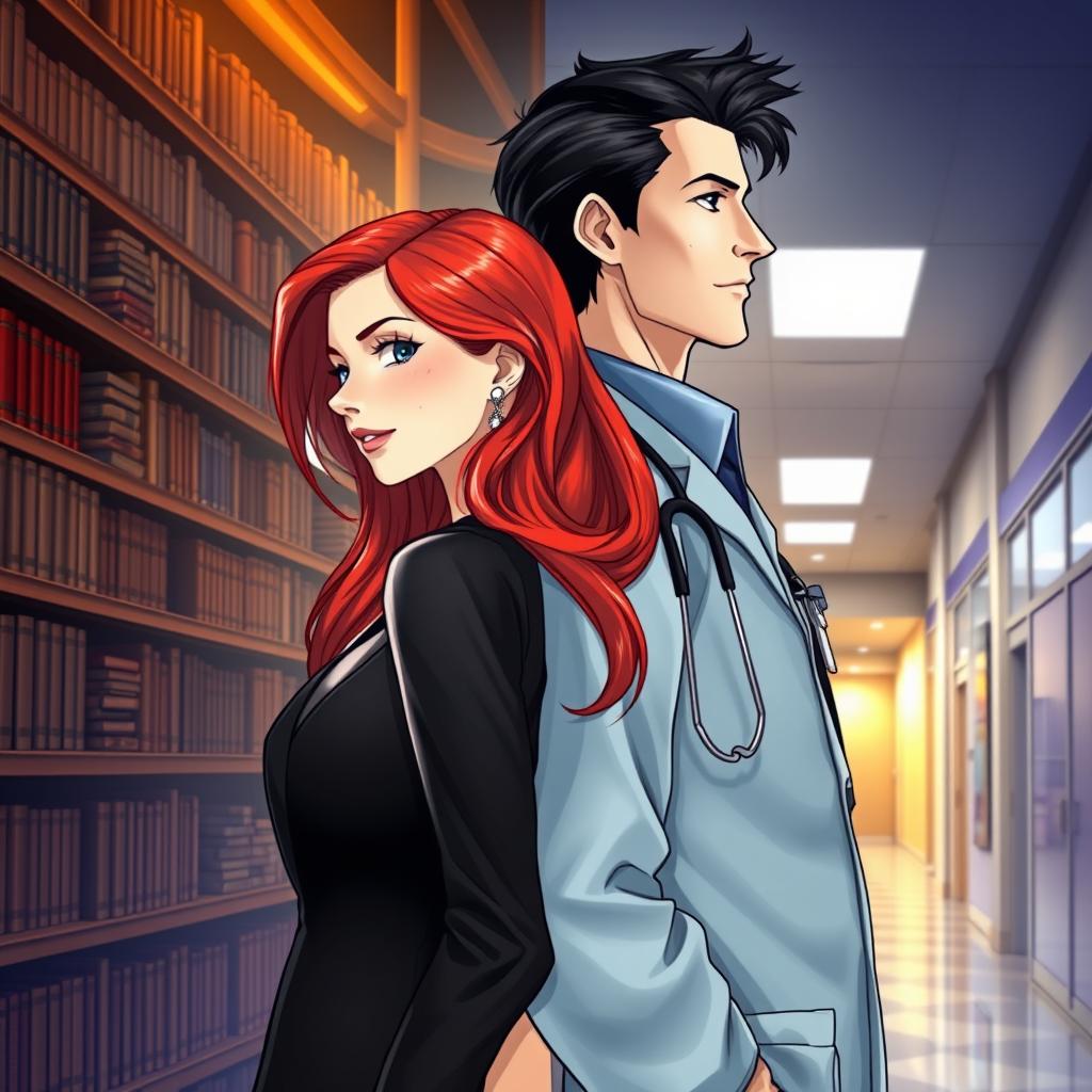 A book cover illustration featuring an elegant white woman with long red hair, dressed in a black suit, turned slightly to the side