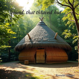 A picturesque scene featuring a dome-shaped roof hut constructed from thatched straw materials, surrounded by a lush, vibrant forest