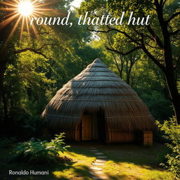 A picturesque scene featuring a dome-shaped roof hut constructed from thatched straw materials, surrounded by a lush, vibrant forest