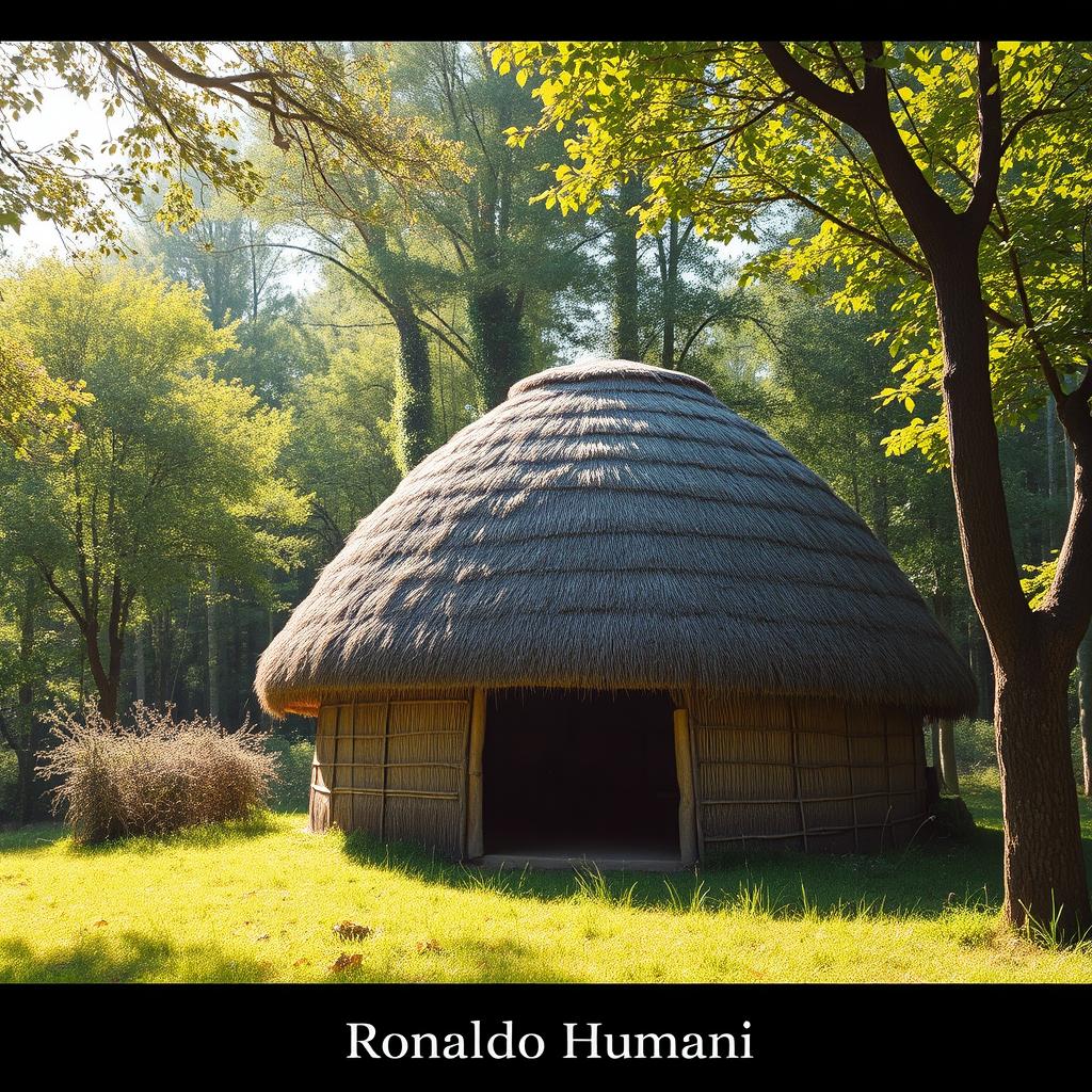 A picturesque scene featuring a dome-shaped roof hut constructed from thatched straw materials, surrounded by a lush, vibrant forest