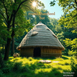 A picturesque scene featuring a dome-shaped roof hut constructed from thatched straw materials, surrounded by a lush, vibrant forest