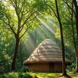 A picturesque scene showcasing a dome-shaped roof hut constructed with thatched straw materials, nestled amidst a dense, lush forest