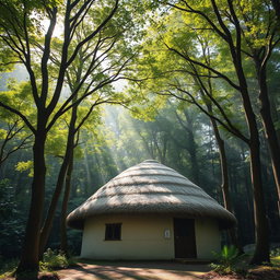 A picturesque scene showcasing a dome-shaped roof hut constructed with thatched straw materials, nestled amidst a dense, lush forest