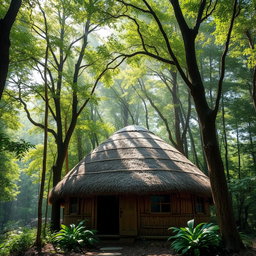 A picturesque scene showcasing a dome-shaped roof hut constructed with thatched straw materials, nestled amidst a dense, lush forest