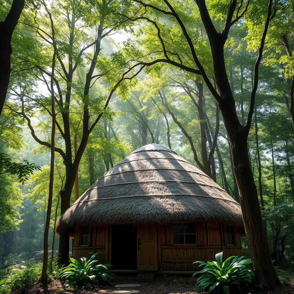 A picturesque scene showcasing a dome-shaped roof hut constructed with thatched straw materials, nestled amidst a dense, lush forest