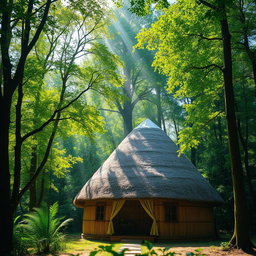 A picturesque scene showcasing a dome-shaped roof hut constructed with thatched straw materials, nestled amidst a dense, lush forest