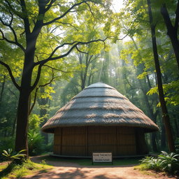 A picturesque scene showcasing a dome-shaped roof hut constructed with thatched straw materials, nestled amidst a dense, lush forest