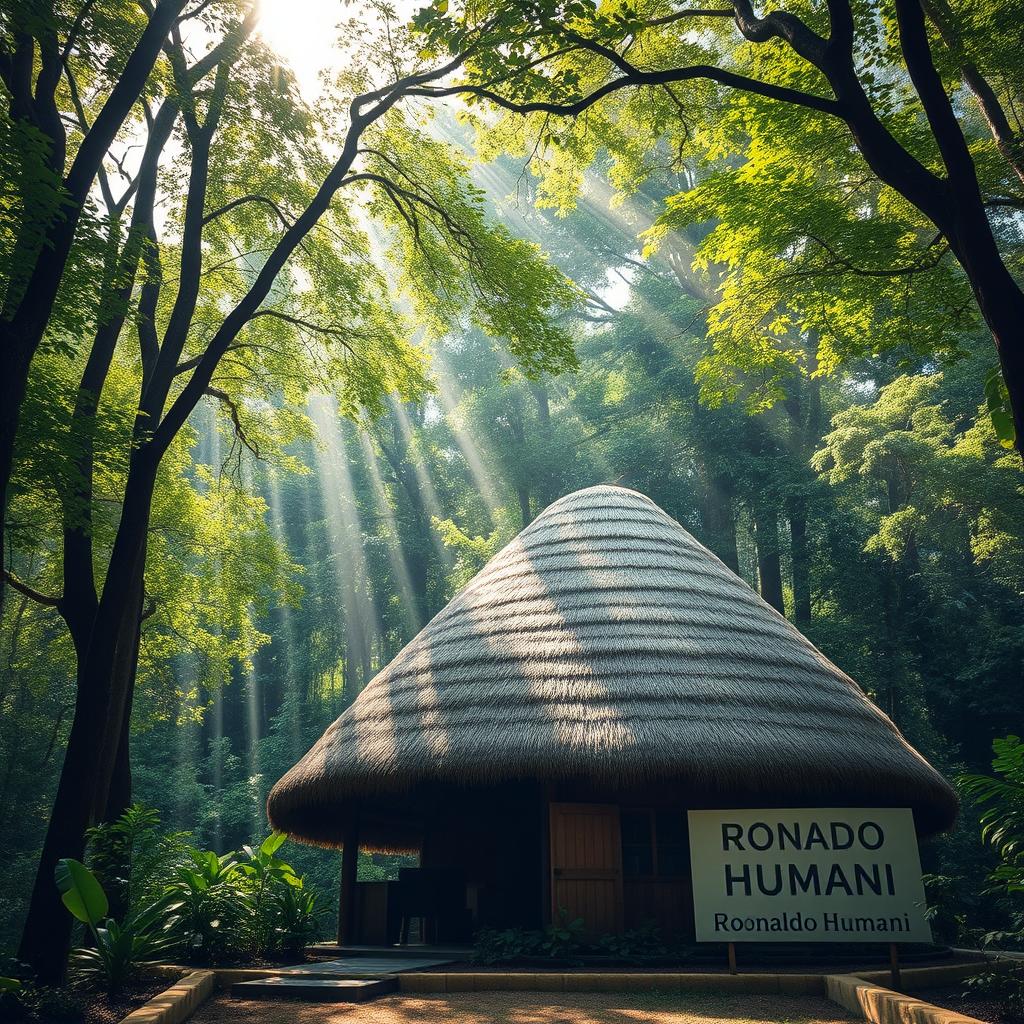 A picturesque scene showcasing a dome-shaped roof hut constructed with thatched straw materials, nestled amidst a dense, lush forest