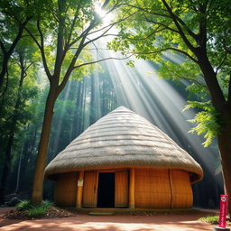 A picturesque scene showcasing a dome-shaped roof hut constructed with thatched straw materials, nestled amidst a dense, lush forest