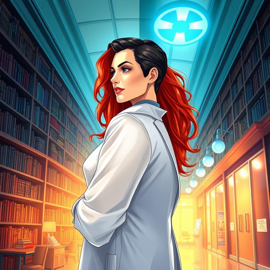 A vibrant book cover illustration featuring a white woman with long red hair, dressed in a luxurious silk blouse, turned slightly to the side