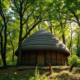 A picturesque scene showcasing a dome-shaped roof hut constructed with thatched straw materials, nestled amidst a dense, lush forest