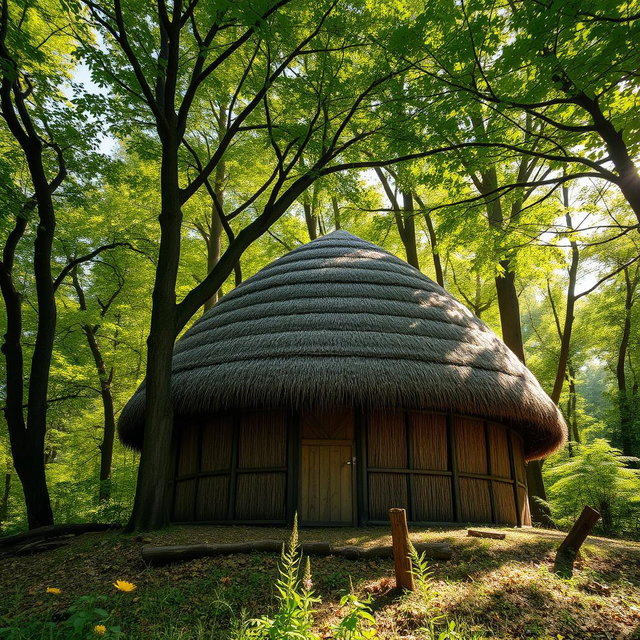 A picturesque scene showcasing a dome-shaped roof hut constructed with thatched straw materials, nestled amidst a dense, lush forest