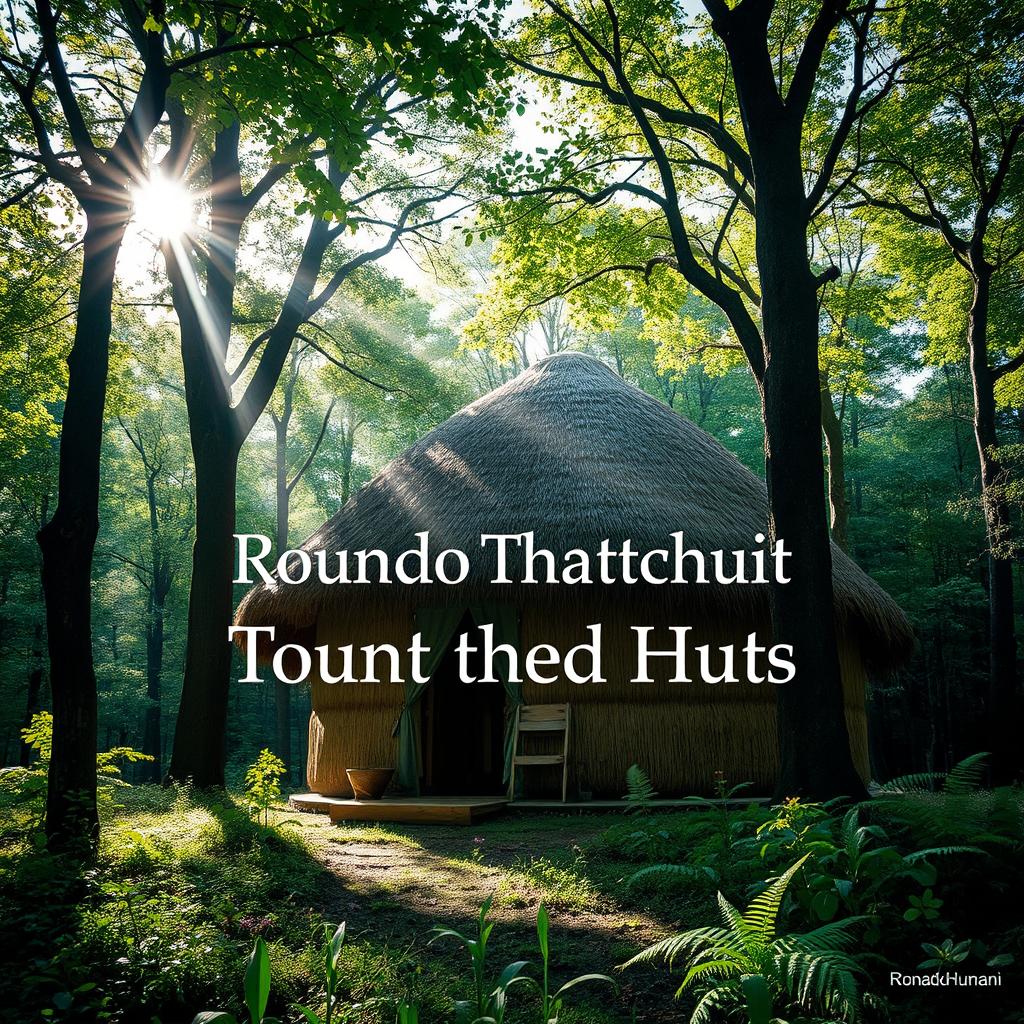 A picturesque scene showcasing a dome-shaped roof hut constructed with thatched straw materials, nestled amidst a dense, lush forest