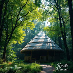 A picturesque scene showcasing a dome-shaped roof hut constructed with thatched straw materials, nestled amidst a dense, lush forest