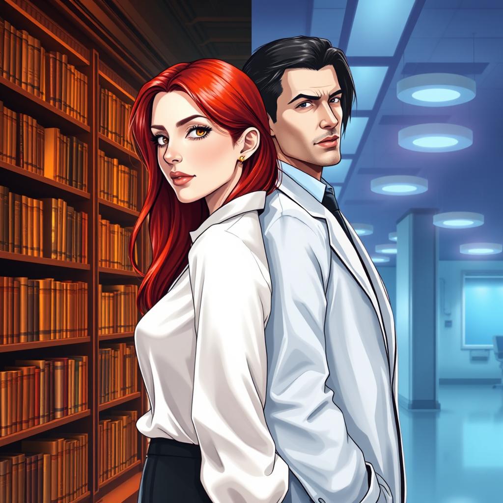 A book cover illustration featuring a white woman with long red hair, dressed in a silky blouse, turned slightly to the side