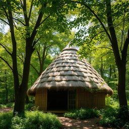A beautiful image depicting a dome-shaped roof hut made entirely from thatched straw materials, harmoniously nestled within a lush, green forest