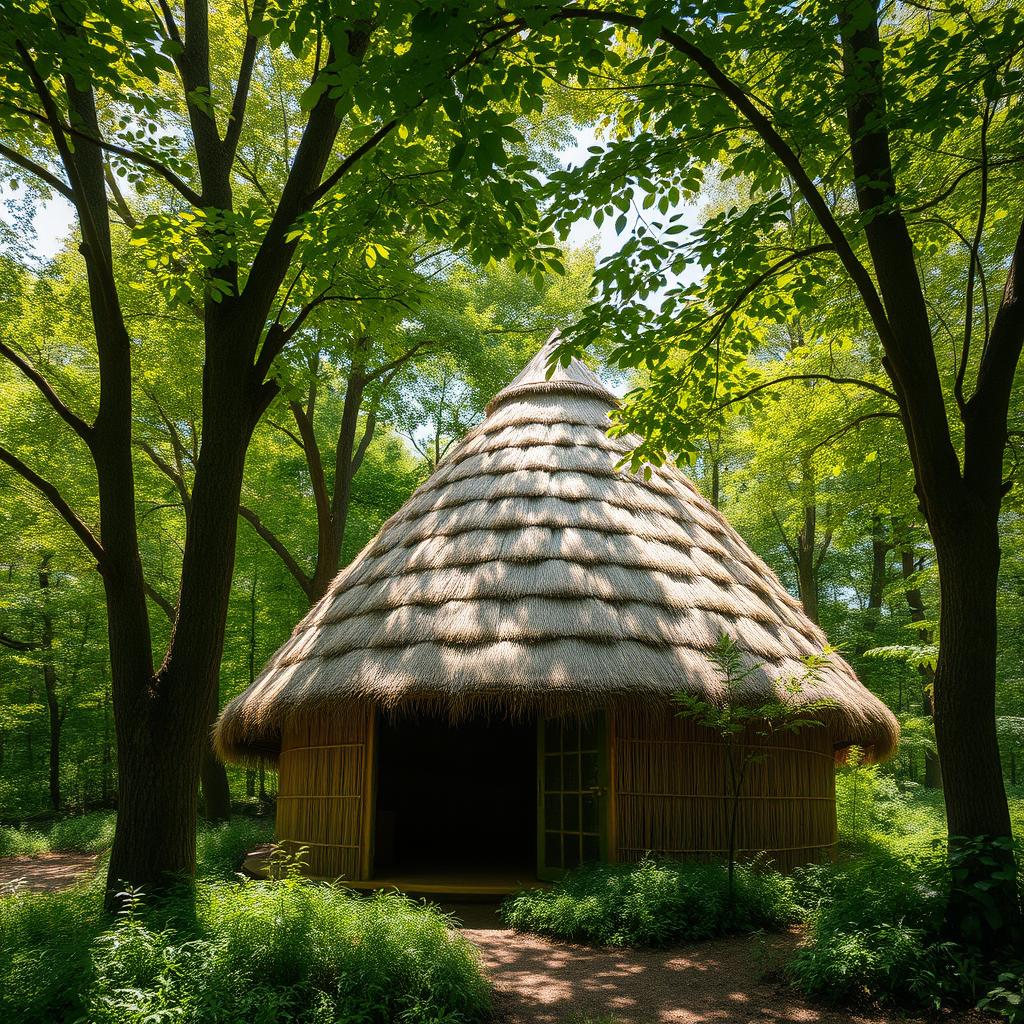 A beautiful image depicting a dome-shaped roof hut made entirely from thatched straw materials, harmoniously nestled within a lush, green forest