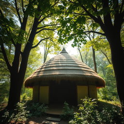 A beautiful image depicting a dome-shaped roof hut made entirely from thatched straw materials, harmoniously nestled within a lush, green forest