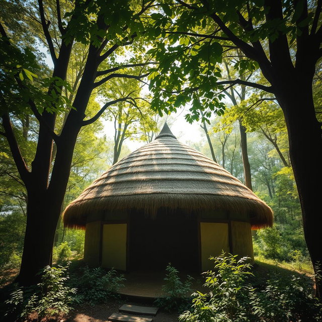 A beautiful image depicting a dome-shaped roof hut made entirely from thatched straw materials, harmoniously nestled within a lush, green forest