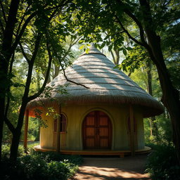 A beautiful image depicting a dome-shaped roof hut made entirely from thatched straw materials, harmoniously nestled within a lush, green forest