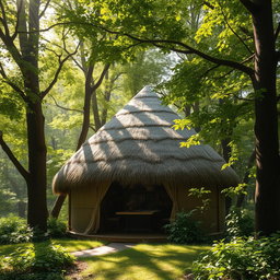 A beautiful image depicting a dome-shaped roof hut made entirely from thatched straw materials, harmoniously nestled within a lush, green forest