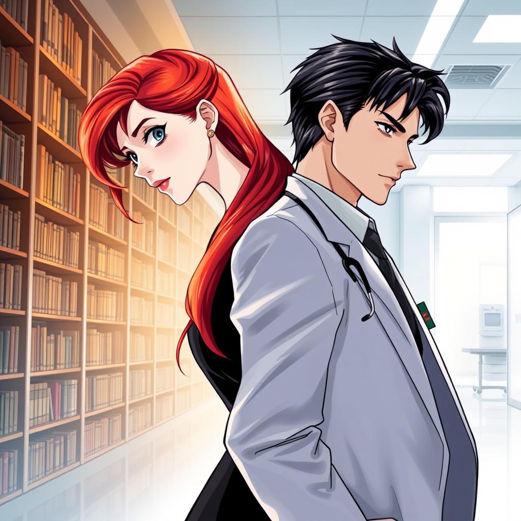 A tall, elongated book cover illustration showcasing a white woman with long red hair, elegantly dressed in a black suit, turned slightly to the side
