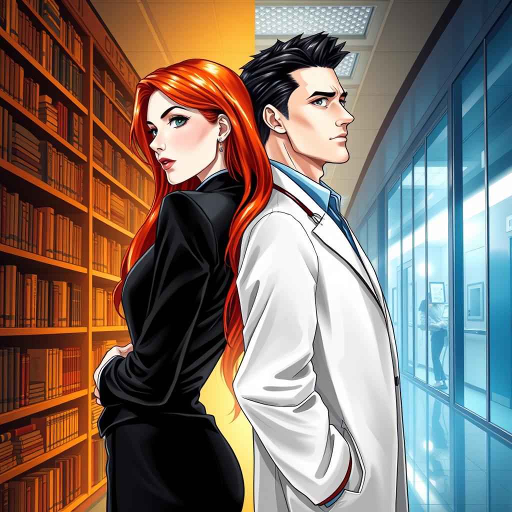 An elongated book cover illustration showcasing a white woman with long red hair, elegantly dressed in a black suit, turned slightly to the side