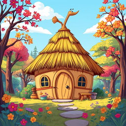 A lively cartoon-style illustration displaying a dome-shaped roof hut made from thatched straw materials, playfully surrounded by a vibrant forest