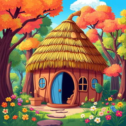 A lively cartoon-style illustration displaying a dome-shaped roof hut made from thatched straw materials, playfully surrounded by a vibrant forest