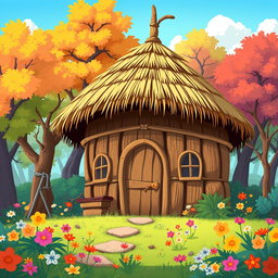 A lively cartoon-style illustration displaying a dome-shaped roof hut made from thatched straw materials, playfully surrounded by a vibrant forest