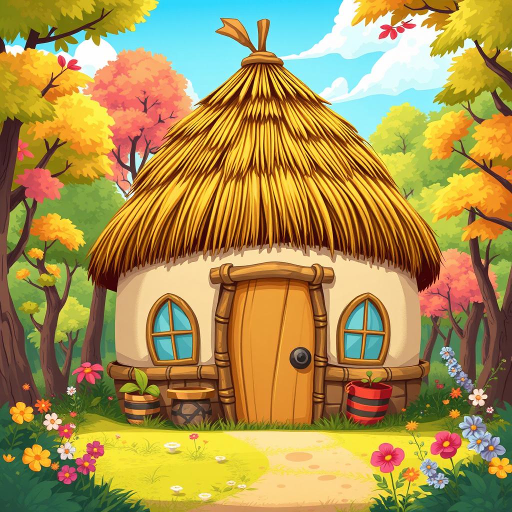 A lively cartoon-style illustration displaying a dome-shaped roof hut made from thatched straw materials, playfully surrounded by a vibrant forest