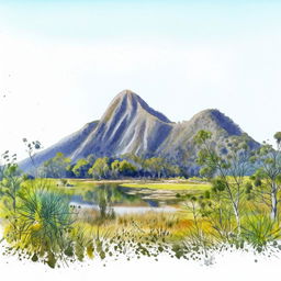 Create a watercolor painting with pen outlines featuring Mount Lindesay, Queensland, Australia in the same style.