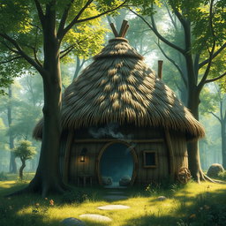 A beautiful fantasy scene depicting a cozy hut with a dome-shaped roof made of intricately woven thatched straw