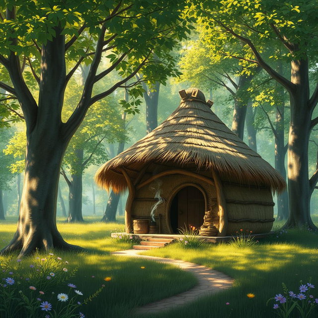 A beautiful fantasy scene depicting a cozy hut with a dome-shaped roof made of intricately woven thatched straw