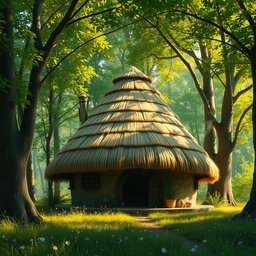A beautiful fantasy scene depicting a cozy hut with a dome-shaped roof made of intricately woven thatched straw