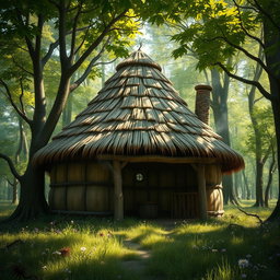 A beautiful fantasy scene depicting a cozy hut with a dome-shaped roof made of intricately woven thatched straw