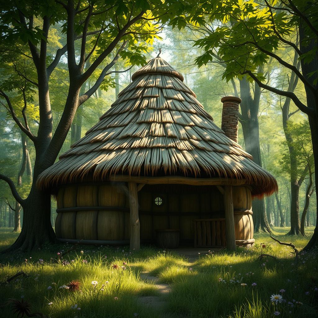 A beautiful fantasy scene depicting a cozy hut with a dome-shaped roof made of intricately woven thatched straw