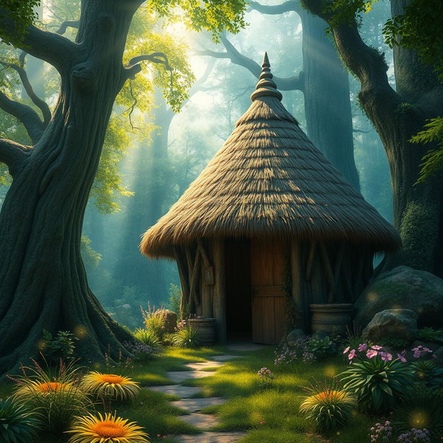 A mystical fantasy scene featuring a quaint hut with a dome-shaped roof constructed from thatched straw materials