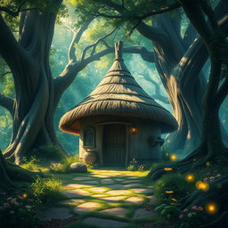 A mystical fantasy scene featuring a quaint hut with a dome-shaped roof constructed from thatched straw materials