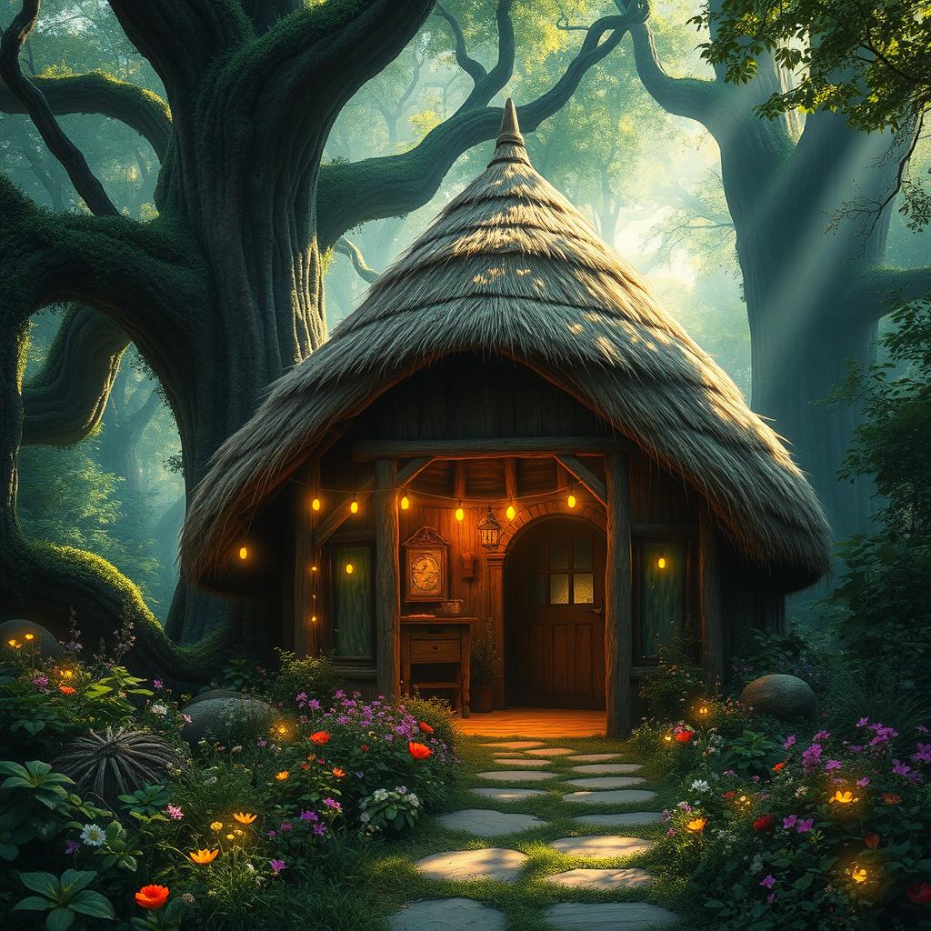 A mystical fantasy scene featuring a quaint hut with a dome-shaped roof constructed from thatched straw materials