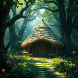 A mystical fantasy scene featuring a quaint hut with a dome-shaped roof constructed from thatched straw materials