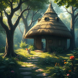A captivating fantasy scene depicting a charming hut with a dome-shaped roof crafted from thatched straw materials