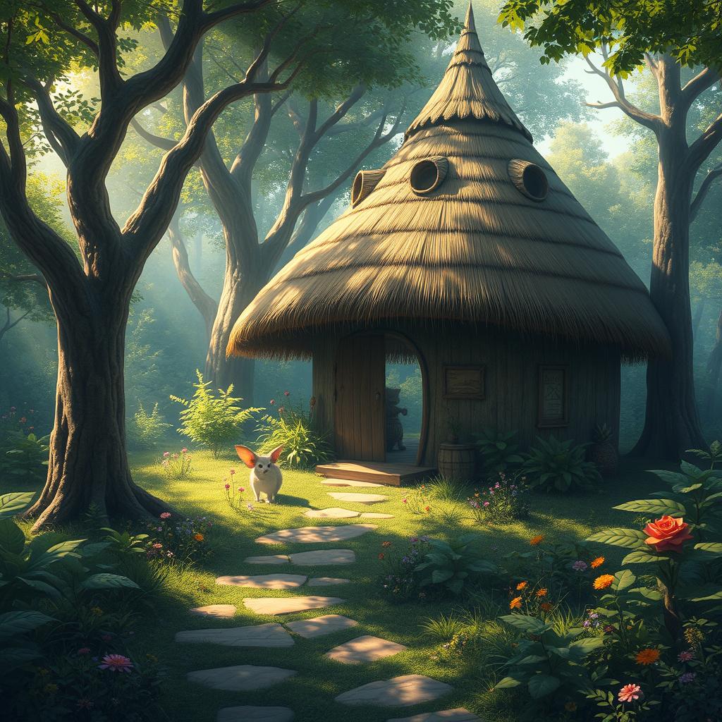 A captivating fantasy scene depicting a charming hut with a dome-shaped roof crafted from thatched straw materials