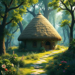 A captivating fantasy scene depicting a charming hut with a dome-shaped roof crafted from thatched straw materials